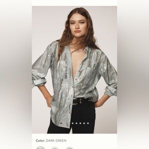 NWT new XSP Anthropologie foil shine button down long sleeve shirt green silver